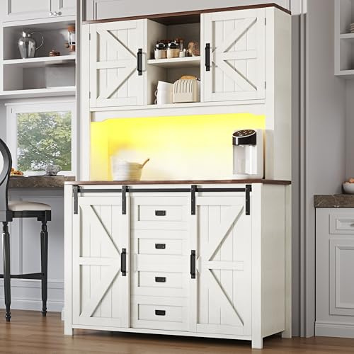 Gxffipw Küchenschrank Buffetschrank Höhe 174.7 cm mit LED Licht und 2 Schubladen, Hochschrank Vorratsschrank mit Schiebetüren, Küchenschränke Highboard mit Ablagen, Küchenmöbel, Schrank Weiß