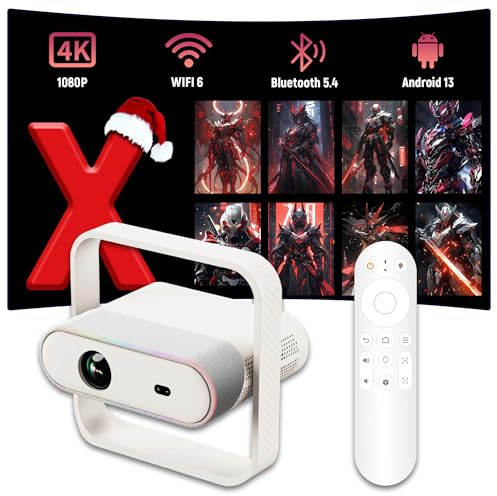 NSL03 Mini Proyector Portatil Full HD,Auto Focus & Keystone Smart Proyector 4K,Rotación de 360°,WiFi 6 + BT5.4,1080P Android 13 Projector Portable 4K,Luz Ambiental RGB,Amlogic 950s,375 ANSI (Blanco)