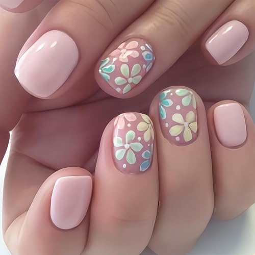 Cosblisvia 24 Stück Press On Nails, Naild Press On Set, Press On Nails Kurz, Quadratische Kunstnägel für Frauen, Mädchen, Teenager für Party, Frühling, Reisen (Hellrosa)