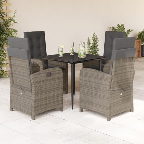 QUAHEAS 5-TLG. Garten-Essgruppe mit Kissen, Grau Poly Rattan, Verstellbare Stühle, Glastisch, UV-beständig, für Terrasse, Balkon, Essbereich