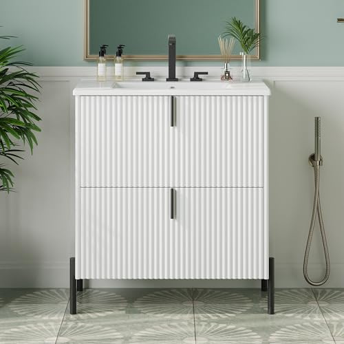 YONIPAX 30 Ceramic Sink Bathroom Storage Cabinet, Freestanding Bathroom Vanity Cabinet with Fluted Design, Waterproof Bathroom Cabinet with Full-Extension Drawers, White