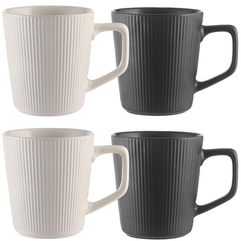 Epicover 4 Pcs Ceramic Coffee Mug Set, Striped Pottery Cups, 500ml Large Capacity Mugs with Comfortable Handle, 3.9 x 4.3 in for Tea Latte Cocoa Cappuccino Home Office Use (White & Black)