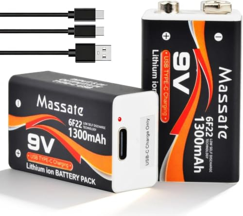 Massate Lot de 2 Piles 9V Rechargeables 1300mAh, Batteries Lithium-ION USB-C, durables pour détecteurs de fumée, pédales de Guitare, Microphones – Pack avec Circuit de Protection intégré