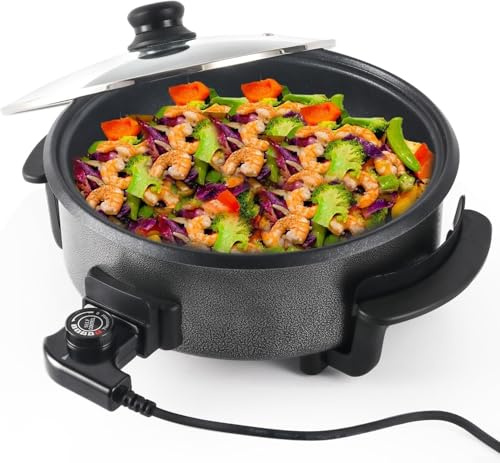 Padella elettrica da 42 cm con coperchio, padella antiaderente da 1500 W con controllo della temperatura a 5 livelli, pentola calda profonda per feste, grigliate e bolliture, coperchio in vetro, cavo