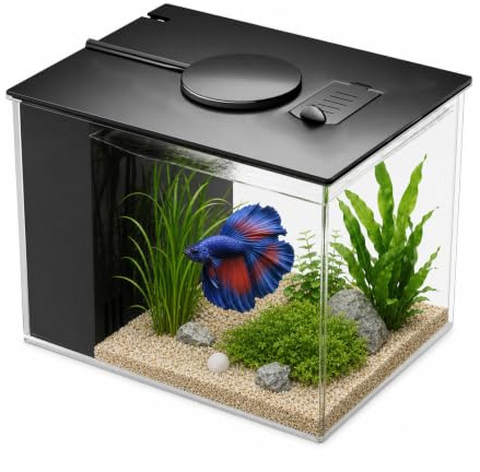Kit complet d'aquarium de 3,7 l, petit aquarium de table, nano aquarium autonettoyant avec lumières LED et système de filtration, idéal pour les petits poissons, crevettes et plantes (noir)