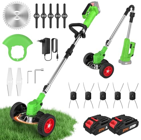 Desbrozadora Batería Plegable con Ruedas, Cortabordes Eléctrico 800W, 2 Baterías 21V (Compatible Makita 18V), 4 en 1, 13 Accesorios, Cabezal 90° y Mango Ajustable, para Jardín Césped (Verde)