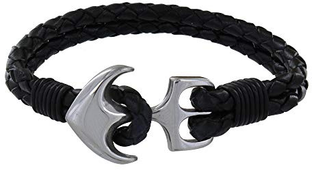 LES POULETTES BIJOUX - Bracelet Homme Argent 925 Ancre et Cuir Noir Deux Liens Tréssés Ronds - taille 19 cm