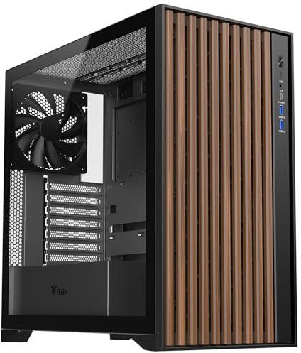 Itek Case Woody - Gaming Tower ATX - 3 x 14 cm schwarzer Lüfter, 2 x USB3, Typ C, Holzfront – Seitenwand aus Temp-Glas