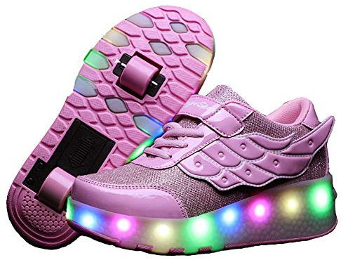 Lovelysi Unisex Jungen Mädchen LED Licht Skateboardschuhe mit Rollen Drucktaste Einstellbare,USB Wiederaufladbar,Inline Skates,Outdoor Sport Gymnastik Running Sneaker