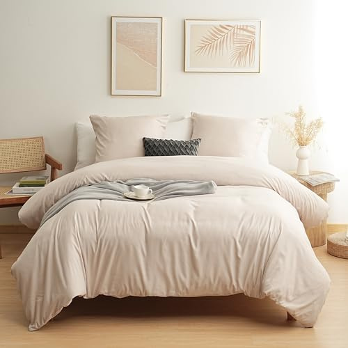 MOHAP Parure de Lit 4 Pièces Housse de Couette 220x240cm + Drap Housse 160x200cm avec 2 taies d'oreillers 65x65cm Beige pour 2 Personnes Parure 120 Fils/cm² en Microfibre