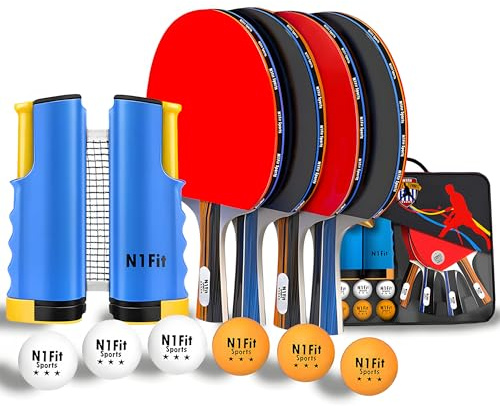 N1fit Ping Pong Paddle Set - 4 Professional Rackets, Retractable Net, 6 Pig Pong Balls, Carry Case - Indoor and Outdoor Table Tennis Play