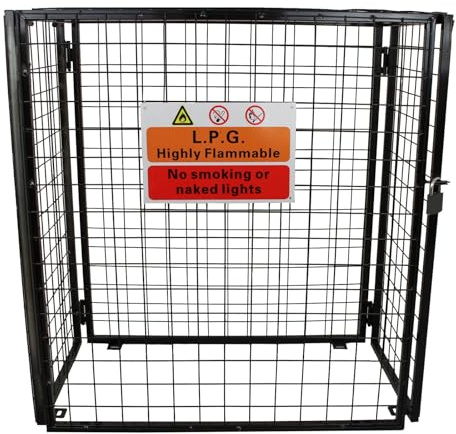 Gas Bottle Cage 920mm x 1100mm x 500mm Collapsible Black Mesh Secure Lockable Storage Powder Coated Galvanised Steel 3mm Wire Thickness 3 x 19kg Cylinder Bottles FREE Warning Sign Padlock & 2 Keys | Lockable, weatherproof gas cylinder cage made from galvanised steel for up to 2 x 19 kg bottles, with warning sign