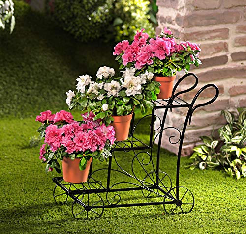 Spetebo Metall Deko Blumenwagen mit 3 Ablagen - 50 x 50 x 25 cm - Pflanzenständer Blumenregal Blumenhalter Blumentreppe schwarz Außen