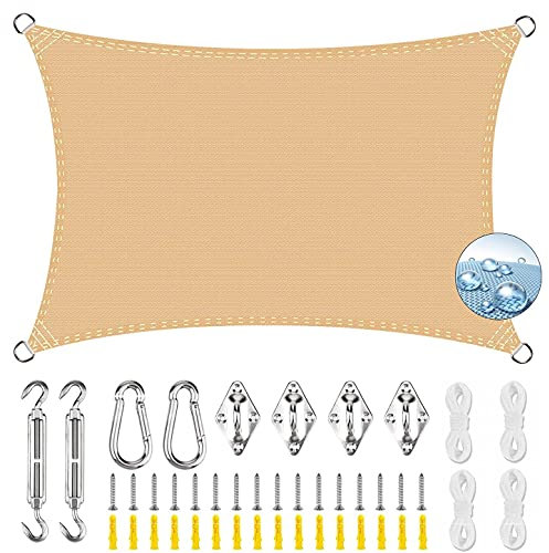 ERPENG Rechteck Sonnensegel Schattenspender 5x5m Wetterfest,95% UV Schutz Balkonverkleidung mit Seilen und Befestigungs Kit für Balkon, Schwimmbad, Kleiner Garten, Beige