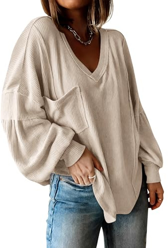 BTFBM Womens Fall Fashion 2026 Long Sleeve Shirts Casual V Neck Ribbed Knit Blouses Pullover Trendy Loose Fit Tunic Tops(Apricot, Small)