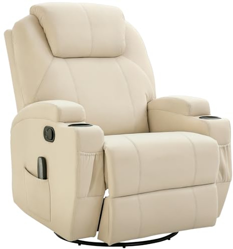 HOMCOM Poltrona Massaggiante Reclinabile Manuale, Poltrona Relax Elettrica Girevole con 2 Portabicchieri, Telecomando, Poggiapiedi e 4 Tasche Laterali, in Pelle PU, Legno e Acciaio, Crema