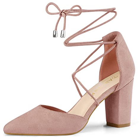 Allegra K Women Faux Suede Pointed Toe Chunky Heels Lace Up Sandals Pumps | Block Heel. Classic Style. 3 3/8 Inches Heel Height. Compliments Modern Wardrobe