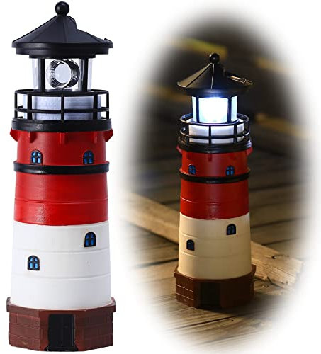HSHD Phare avec balise rotative LED – Lampe solaire décorative d'extérieur pour jardin, terrasse, puits, cadeaux (rouge classique)