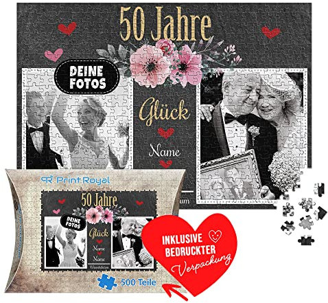 Foto-Puzzle selbst gestalten - 50 Jahre Glück - mit Namen, Datum und 2 Fotos personalisierbar, Geschenk zur goldenen Hochzeit | personalisiertes Geschenk, 500 Teile, inkl. Kartonverpackung