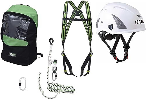 Kratos Set di protezione anticaduta secondo CE, 10 m, dispositivo di raccolta, cinghia di raccolta, moschettone, zaino, casco protettivo