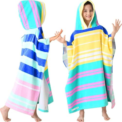 VOOVA & MOVAS Hooded Towels Poncho for Big Kids, Oversized (6-12Years,26X64) Made from 100% Soft Cotton,Perfect for Swimming | Bathing | Beach | Birthday Gifts, Colorful Stripe