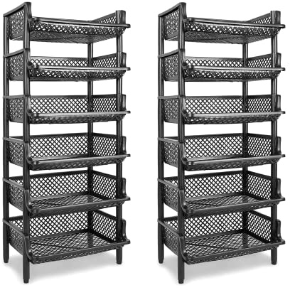 ARTECSIS® Korbregal aus Kunststoff mit 12 Regal-Etagen stapelbar & modular erweiterbares Stecksystem schwarz (schmal) - Kellerregal & Vorratsregal für Lagerung - Abstellraum Steckregal & Lagerregal