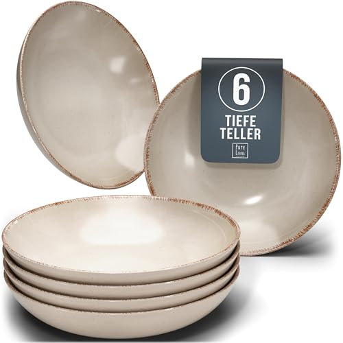 Juego de 6 Platos Hondos - Vajilla Completa de Steingut Premium para 6 Personas, Apta para Lavavajillas - Set Moderno y Elegante de Platos Profundos para Ensalada y Pasta - Pure Living en Color beige