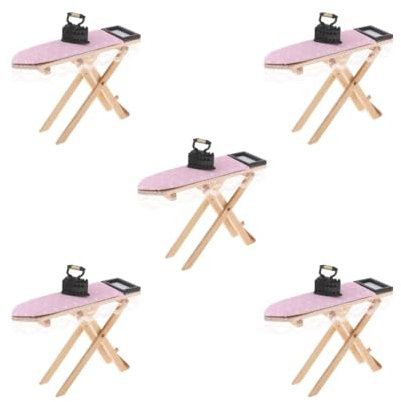 5er-Set Puppenhaus-Miniatur-Wäschemöbel, rosa Spitze, Bügelbrett mit Bügeleisen