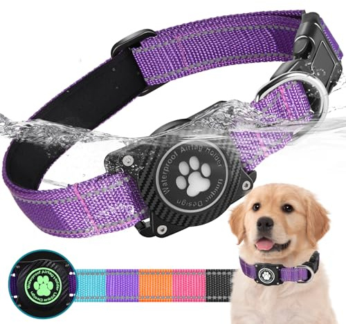 Ytanest Leuchtend Wasserdicht Airtag Hundehalsband, Verstellbar Reflektierend Air Tag Halter Halsband Reflektierend für Kleine Mittler Große Hund, Lila, L