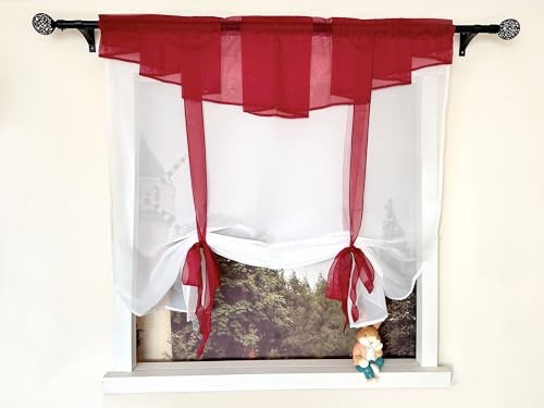 Devola Kleinfenster Raffrollo Kuvert Gardinen Voile Raffgardinen Bändchenrollo mit Stangendurchzug Küchenvorhang Transparent Modern Fertiggardinen Wohnzimmer HxB 155x120cm Rot 1 Stück