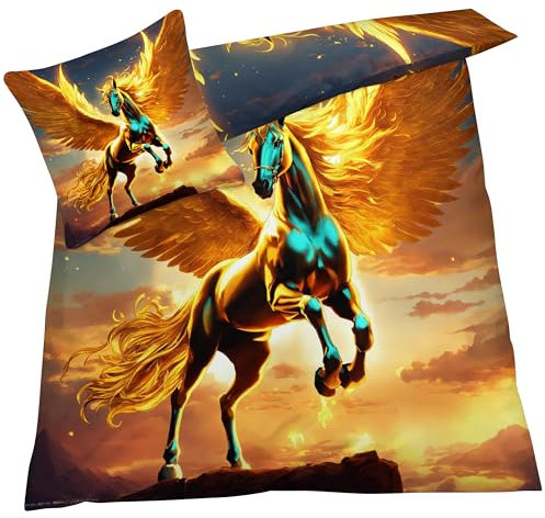 YELDAN Pferd Bettwäsche 140x200 Winter, Gold Bettbezug 140x200 2er Set, Wendebettwäsche und Kissenbezug, Weiche & Atmungsaktive Mikrofaser Bettwäsche-Sets