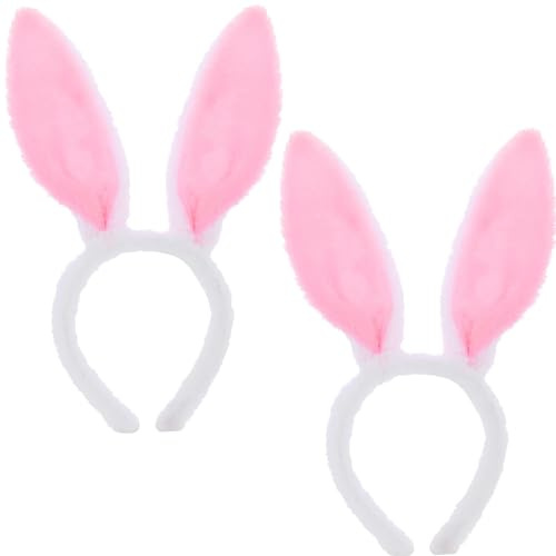 JJiaoLinin 2 Pièces Bandeau Oreilles de Lapin en Peluche - Accessoire de Cosplay et Photo de Performance, Costume Mignon (Rose Blanc)