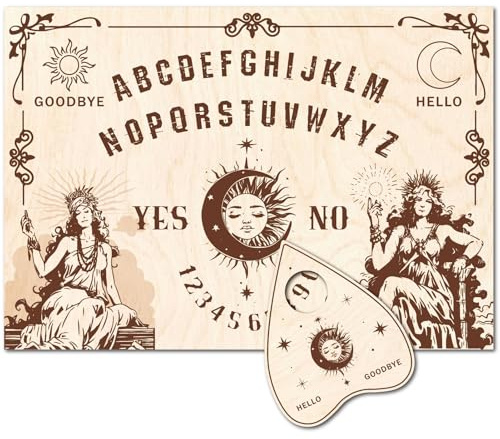 CREATCABIN Sun Wood Spirit Board Dowsing Divination Set with Planchette Metaphysical Message Telling Tool Stuff Cratfts Decor for Wicca Witch Spiritual Games Halloween Party 11.8x8.3 Inch Goddess