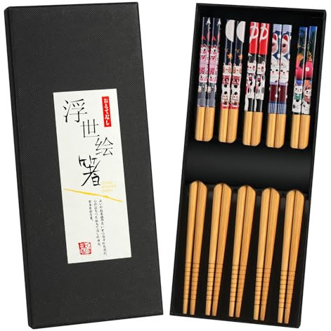 AMFUN 5 Paar chinesische Essstäbchen, 22,5 cm, Holzstäbchen, Katze, Glücksbringer, rutschfest, wiederverwendbar, natürlicher Bambus, für Haus, Küche, Hotel