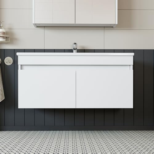 ROOMART • Set di mobili da bagno • Atria • 65 cm, 85 cm, 100 cm • Bianco • Lavabo con base • Armadio a specchio • Mobile alto (base con lavandino, 100)