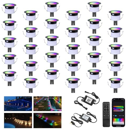 WiFi Smart LED Decking Lights RGB,Multicolor Chasing Effect Waterproof IP67 Decking Patio Lamps Ø31MM DC12V 0.6W Work with Alexa/Google Home Recessed Lights for Yard,Garden,Patio,Stair Decor-30 Pack
