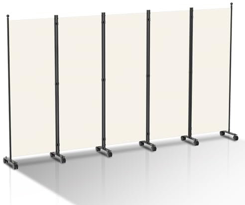 Vigevee Paravent Raumteiler Klappbar Freistehend Trennwand, Paravent auf Rollen, 5 Teilig 284x181 cm, Raumtrenner klappbar Wand freistehend mit Breiten Füßen Stellwand aus Stoff Privatschutz - Beige