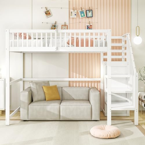 Letto a soppalco 90 x 200 cm con scale, lettino bianco in legno con scaffalatura, semplice armadio