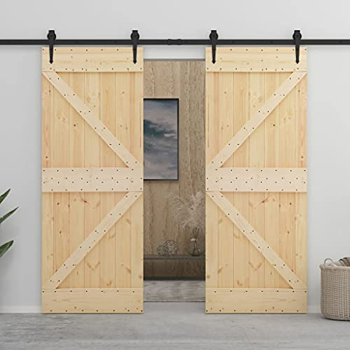 Annlera Lot de 2 portes coulissantes en bois de pin massif - Pour chambre à coucher, cuisine, granges, garages, etc. - Design peu encombrant - Marron + noir - 90 x 3,6 x 210 cm