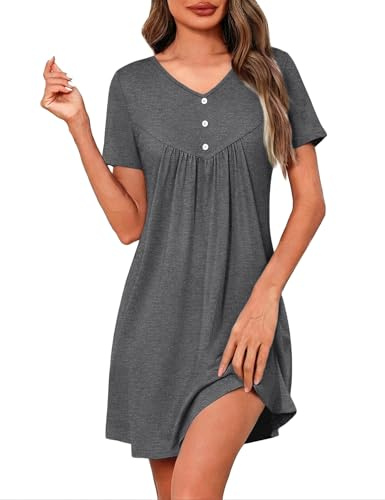 Crewhpo Camisones de Mujer Manga Corta Verano Camisón Cuello en V Ropa de Dormir Algodón Pijama Suelto Respirable S-3XL