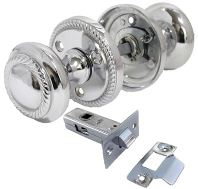 Georgian Style Chrome Round Door Knob Sets – Sprung Internal & External Mortice Knobs – Polished Chrome Finish – with or Without Tubular Latch – 1, 4, or 6 Pair Options (1 Pair – with Latch)