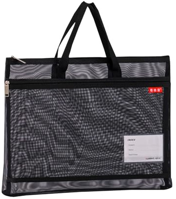 Dokumentväska, nätficka med dubbel dragkedja, 36 x 28 cm, A4 dragkedjeväska, nätväska, resväska av nättyg med handtag, stora etiketter, elev, kontor, leveranser svart
