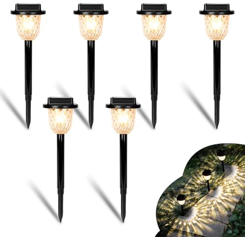CREATESTAR Luci Solari da Giardino, 6 Pezzi Luci Solari Esterno Bianca Calda e RGB IP55 Impermeabile Lampade per Cortile Marciapiede Patio Prato Paesaggio Vialetto