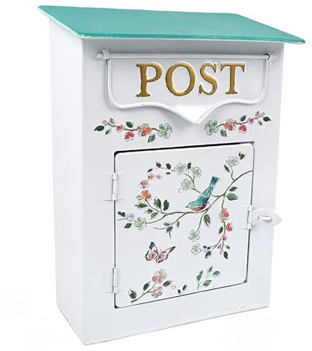 YCYRF Cassetta Postale da Esterno Vintage, Cassetta delle Lettere in Metallo Antica e Nostalgica da Parete, Motivo a Uccelli e Fiori per Cancello di Recinzione di Agricoli 23×13×31cm Bianco
