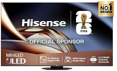 Hisense 75U8Q - Mini LED Pro Smart TV 75 Pulgadas, Procesador Hi-View IA Pro, 4.1.2 Sonido multicanal, Modo Juego Ultra 165Hz, Antireflejos Pro, Full Array Local Dimming, Dolby Vision IQ, Dolby Atmos