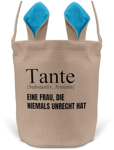 22Feels Ostern Geschenk Tante Osterkorb mit Henkel Tragetasche Deko Osternest Körbchen Hasenohren (Beige/Blau)
