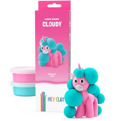 HEY CLAY Modelliermasse lufttrockener Ton mit lustiger interaktiver App – Modelliermasse und Bastelset für Kinder im Alter von 3 bis 8 Jahren – Serie Regenbogen-Einhörner, 3 Dosen (bewölkt)