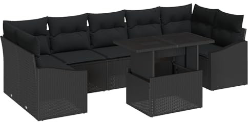 vidaXL Garten-Sofa-Set mit Kissen 8 pcs Schwarz Poly-Rattan, Garten- und Terrassenmöbel, modulares, leichtes, wetterfestes Rattansofa, für deinen Außenbereich