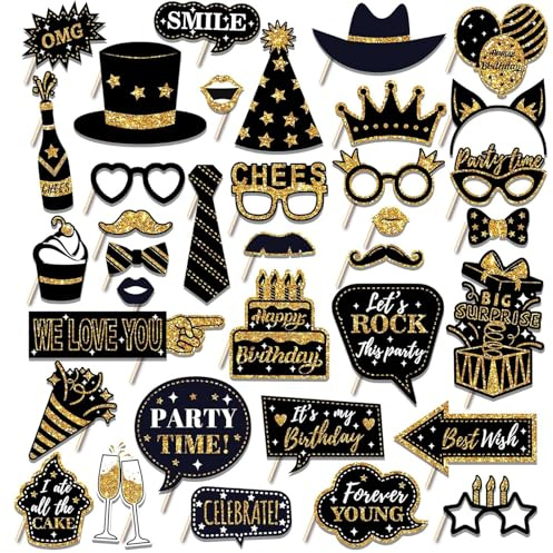 36 Stück Fotobox Accessoires Hochzeit, Goldene Foto Requisiten Geburtstag, Geburtstag Deko und Feiern, Ideal füR Kreative Fotos,Fotorequisiten Set FüR Fotobox und Partyspaß