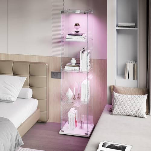 Glasvitrine Standvitrine mit LED-Klopflicht, 163x40x35 cm, 4 Lagen Glas Holz Vitrine mit 1 Türen und Schloss, Sammlervitrine Vitrinenschrank aus Gehärtetes Glas, Glasvitrine Stehend für Wohnzimmer
